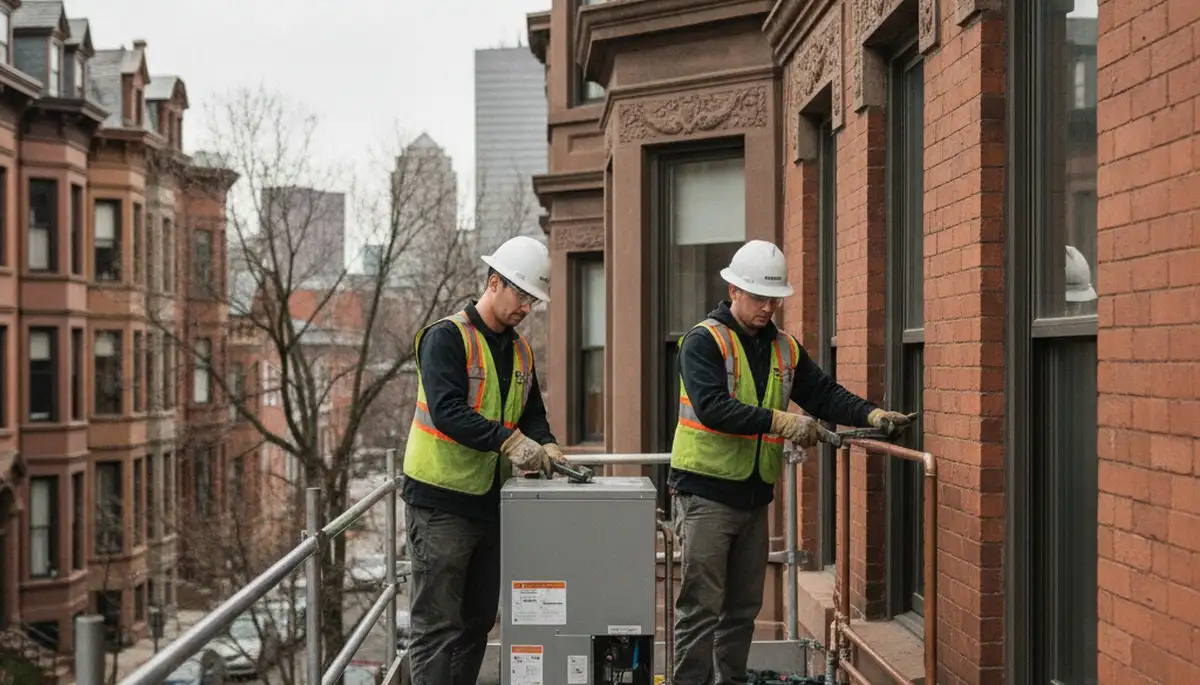 Boston, MA plumbing repair technician servicing a residential drain line with professional tools