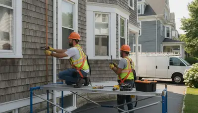 Boston, MA plumbing repair team servicing a residential pipe leak in a home bathroom