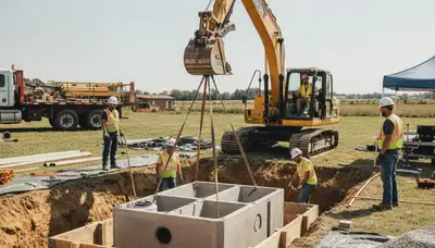 Boston, MA plumber installing a septic tank for a home in a residential yard