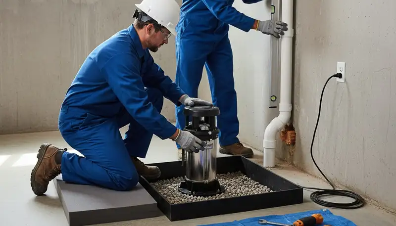 Boston plumber installing sump pump in basement to protect homes from flooding in Boston, MA