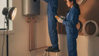 Boston, MA plumber installing a tankless water heater for reliable home hot water service