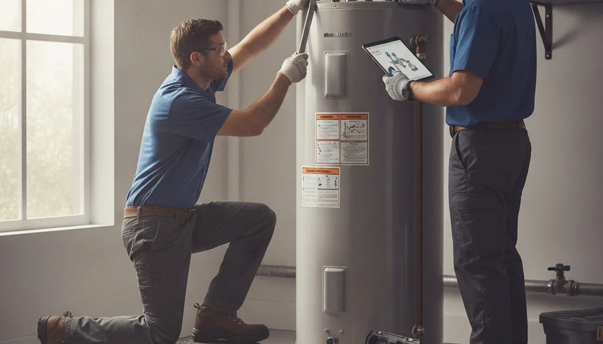 Boston MA plumbers repairing a water heater for reliable home hot water service