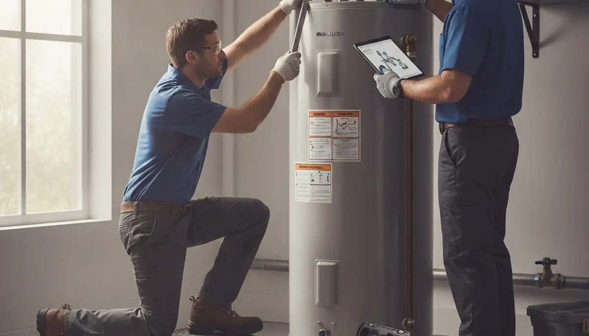 Boston MA plumbers repairing a water heater for reliable home hot water service